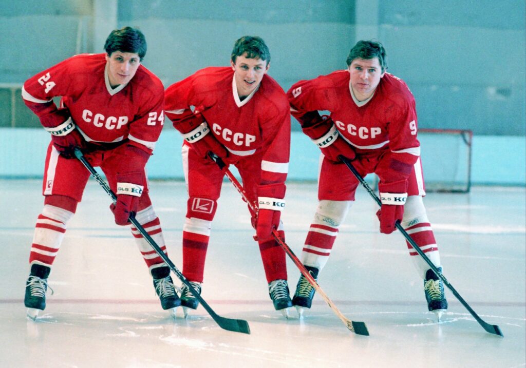 Soviet USSR national ice hockey team Sergei Makarov, Igor Larionov and Vladimir Krutov. 