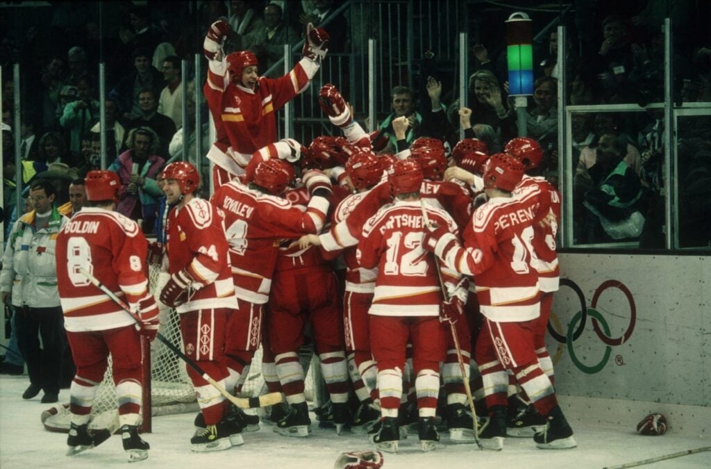 Unified Team celebrate winning Olympic gold medal versus Canada in Albertville France 1992